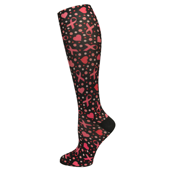 12" Soft Comfort Compression Socks Ribbons and Hearts Black