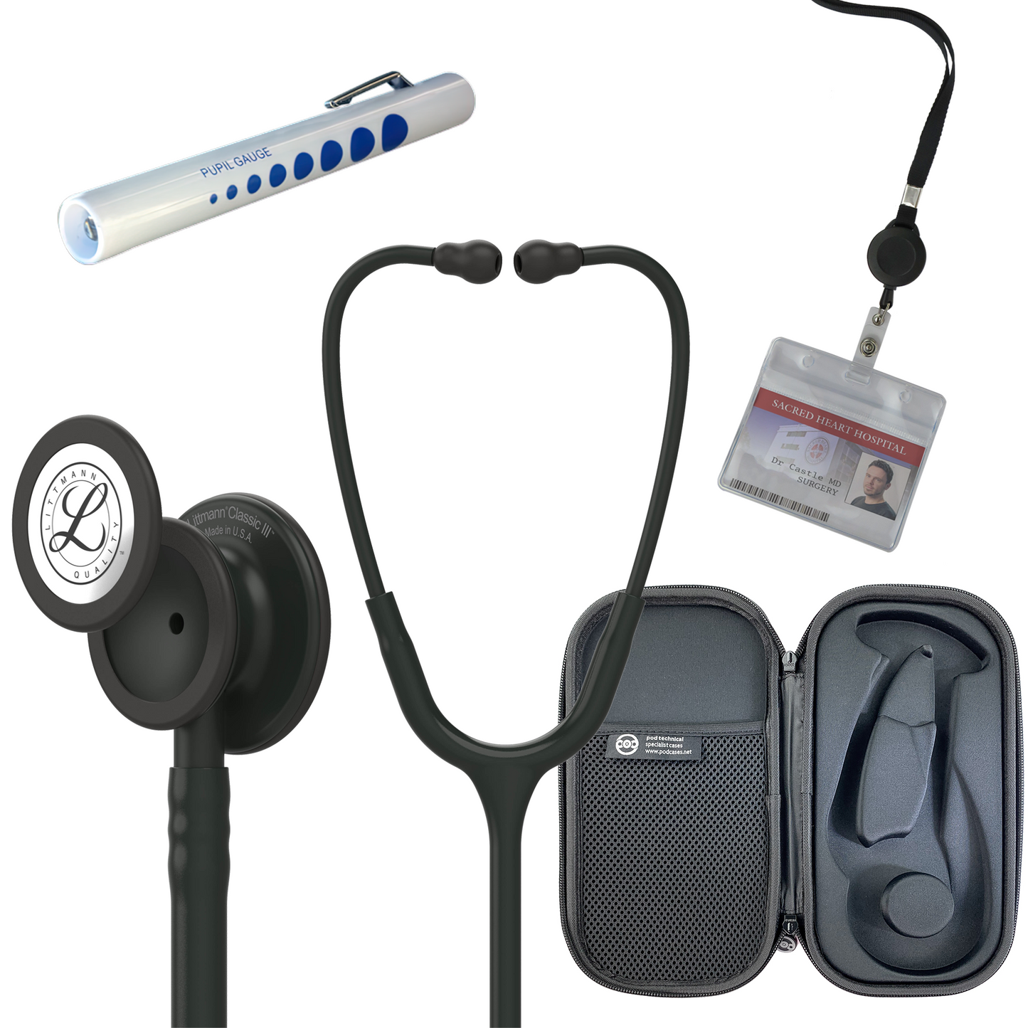 Pre Clinical Kit - Littmann Classic III Stethoscope, All Black Pod Technical Stethoscope Case, Disposable Pen Light & ID Holder