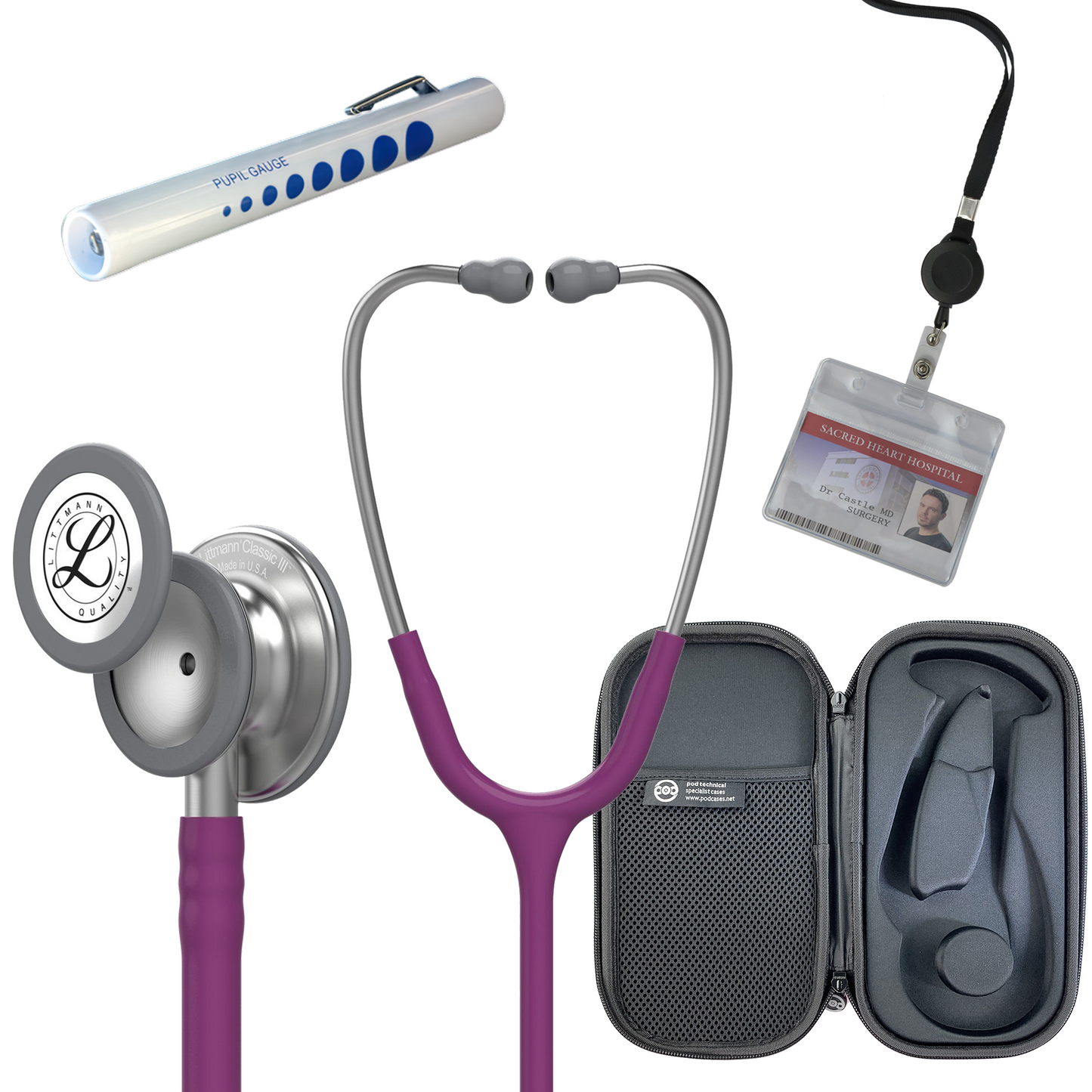 Pre Clinical Kit - Littmann Classic III Stethoscope, All Black Pod Technical Stethoscope Case, Disposable Pen Light & ID Holder