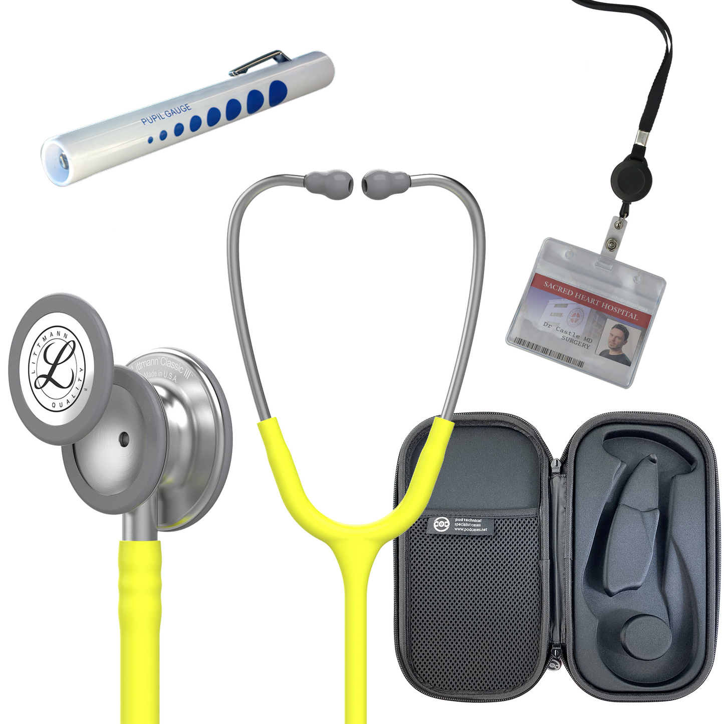 Pre Clinical Kit - Littmann Classic III Stethoscope, All Black Pod Technical Stethoscope Case, Disposable Pen Light & ID Holder
