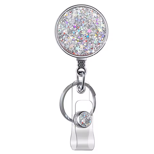 Metal Retractable Nurse Badge Reel - Silver Glitter